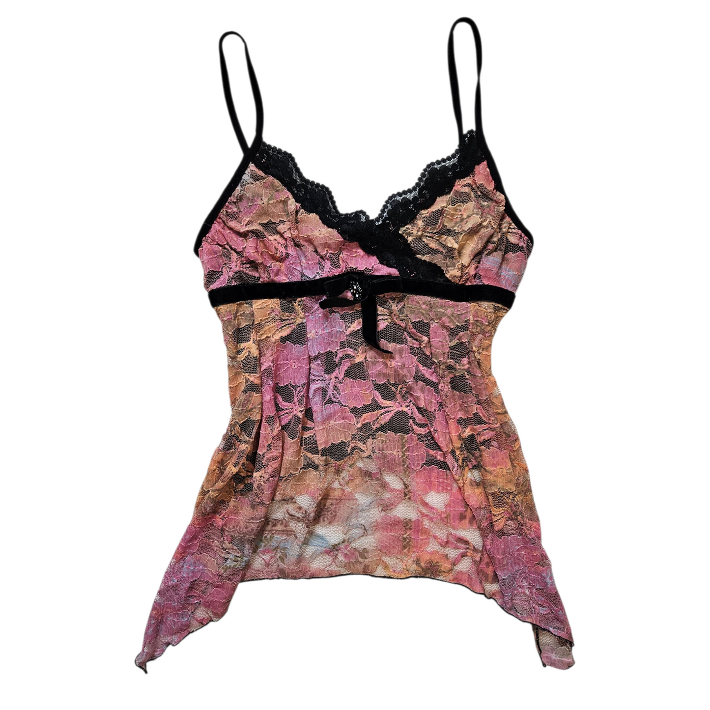 Asymmetrical pink and orange lace top
