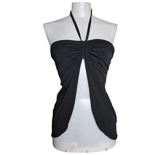 Black open back top with slit and adjustable