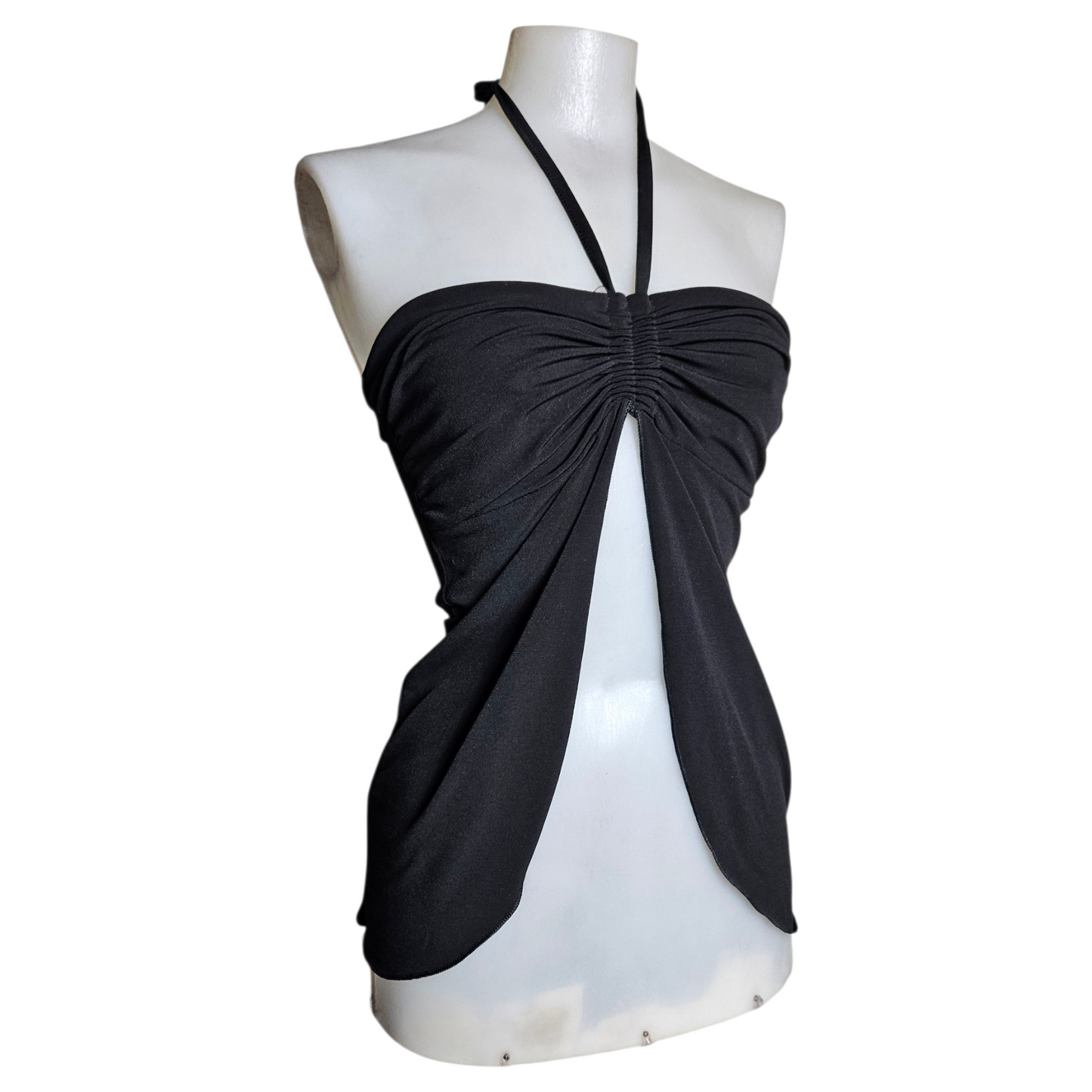 Black open back top with slit and adjustable