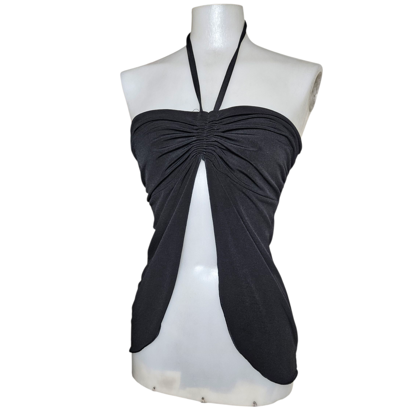 Black open back top with slit and adjustable
