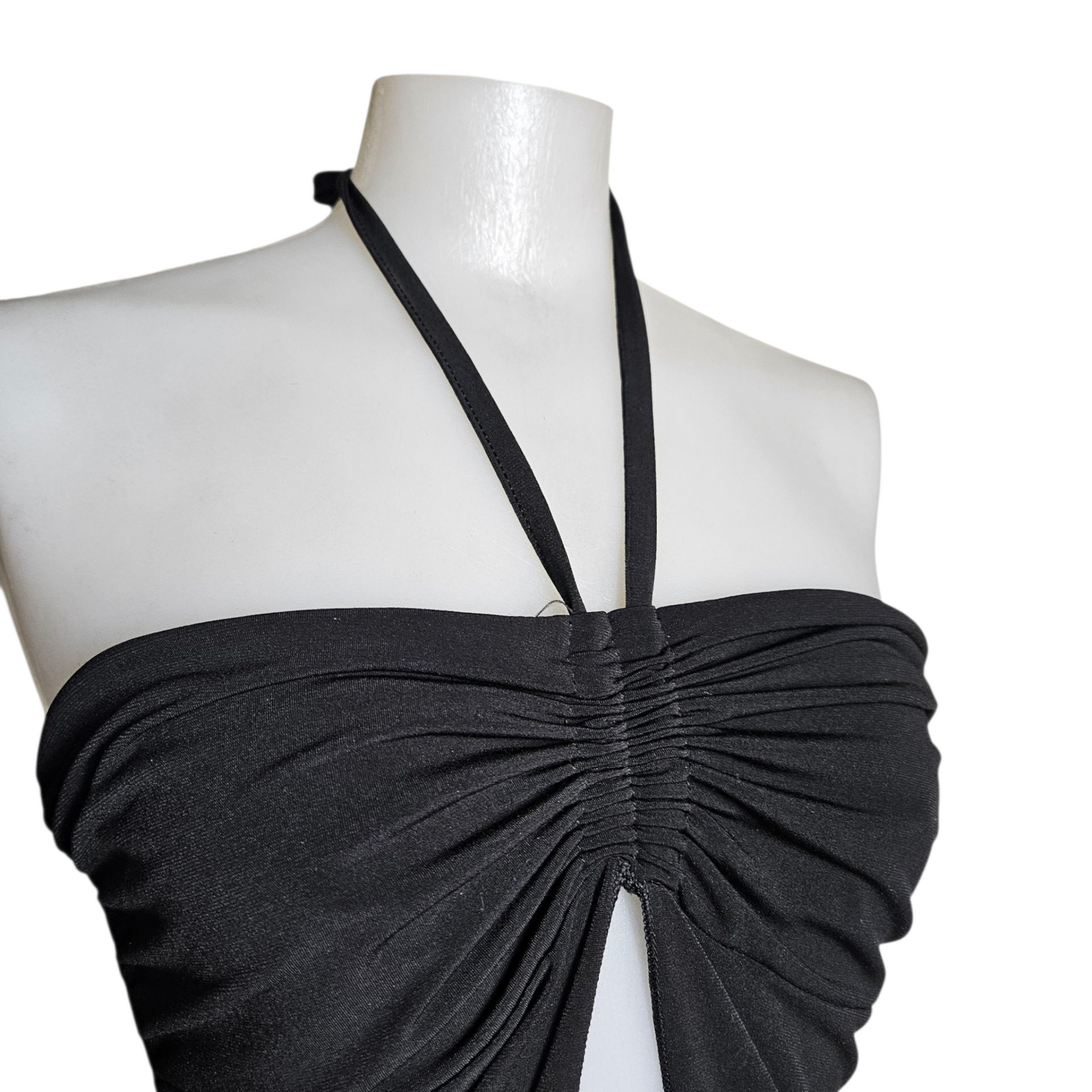 Black open back top with slit and adjustable