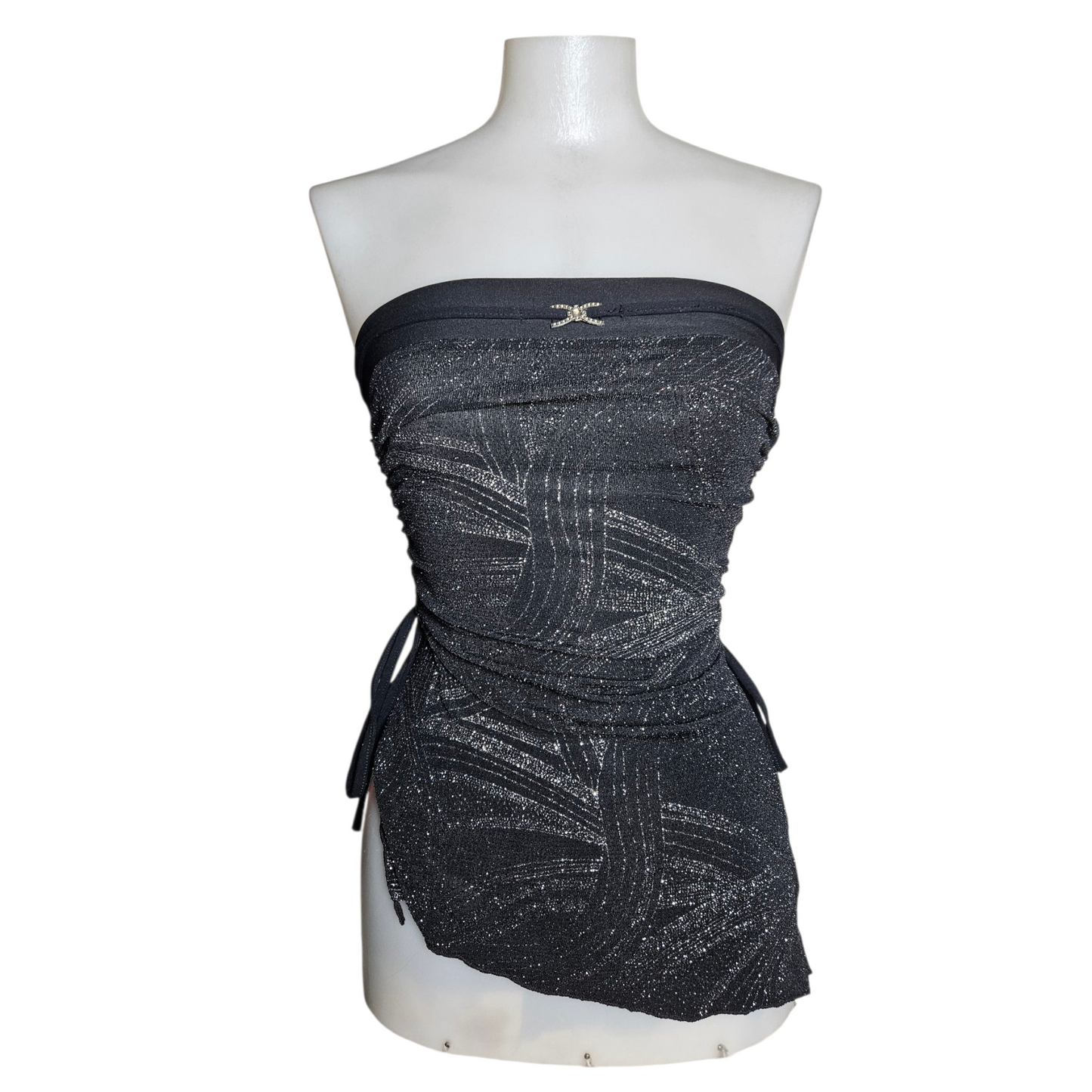 Asymmetrical strapless top with silver rhinestones