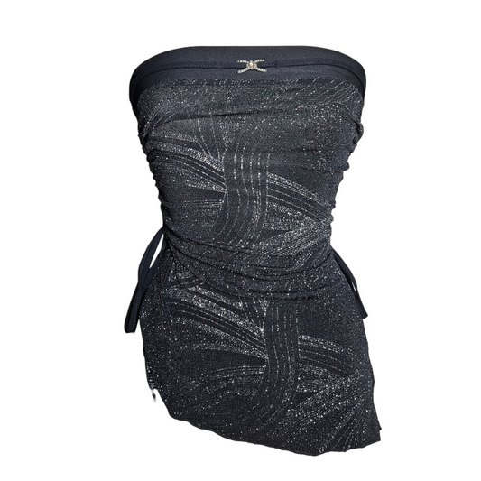 Asymmetrical strapless top with silver rhinestones