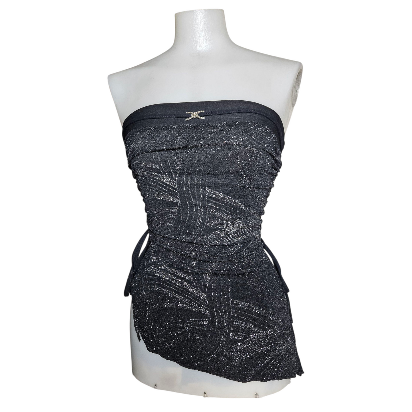 Asymmetrical strapless top with silver rhinestones