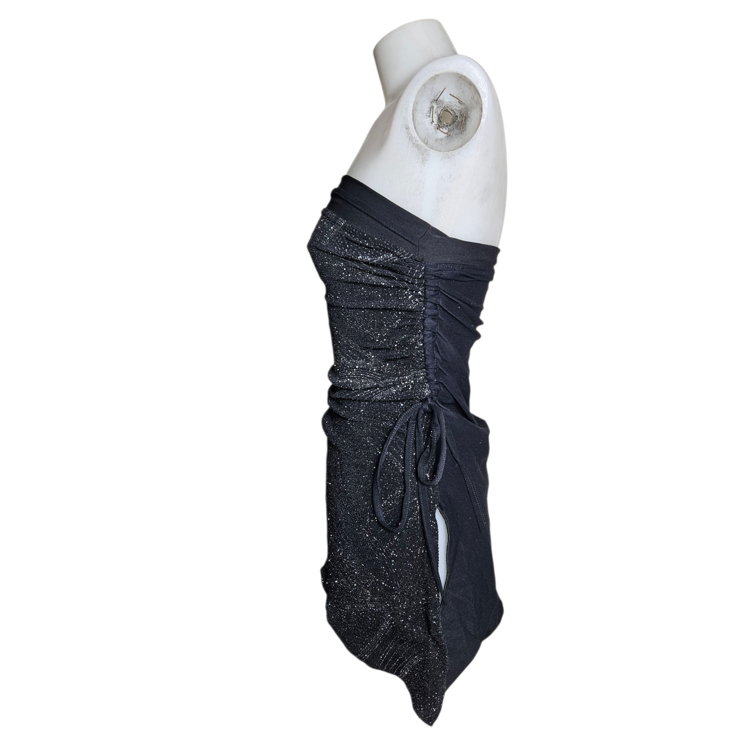 Asymmetrical strapless top with silver rhinestones
