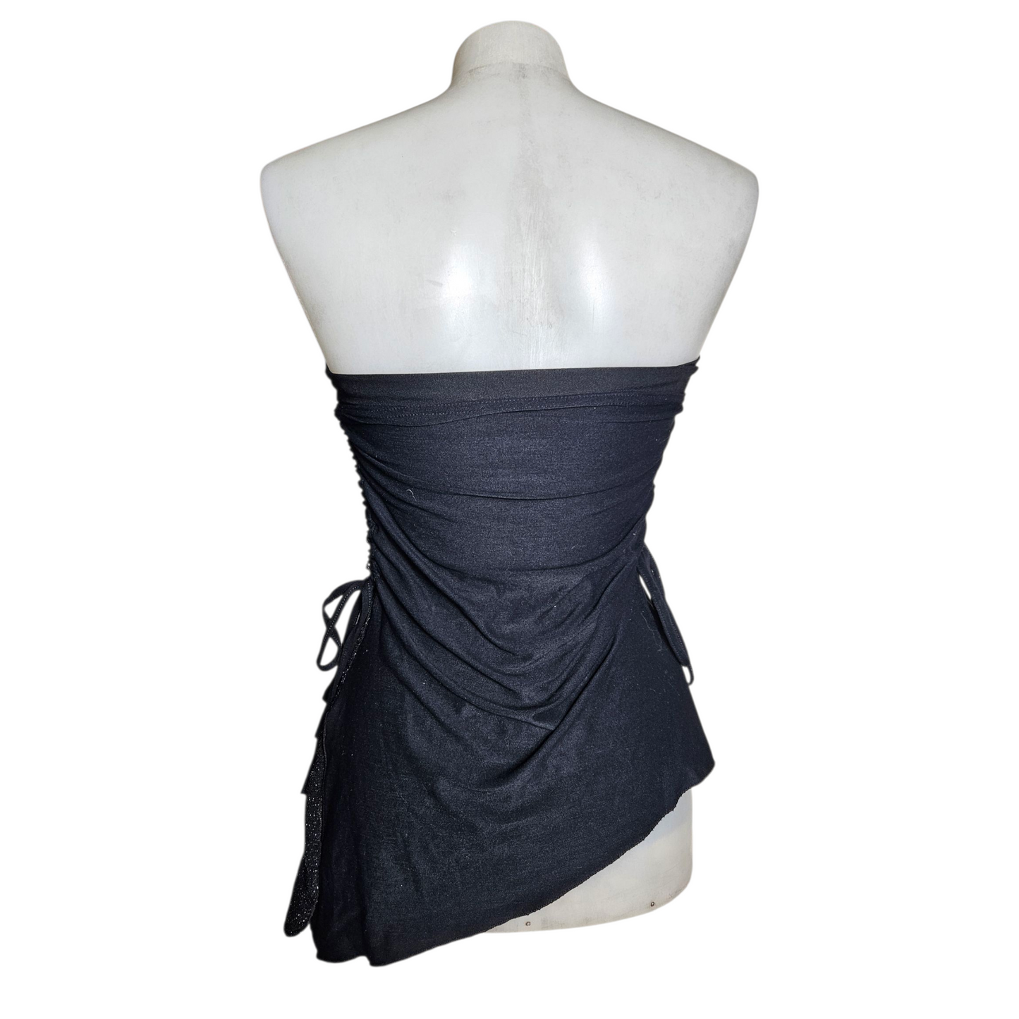 Asymmetrical strapless top with silver rhinestones