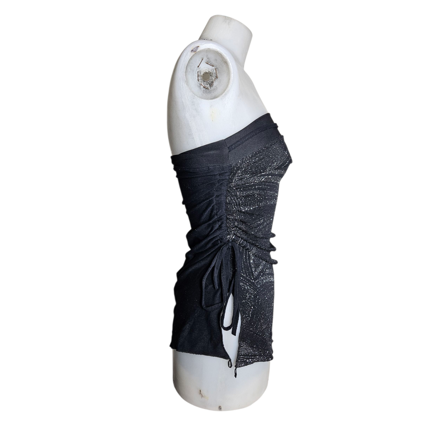 Asymmetrical strapless top with silver rhinestones