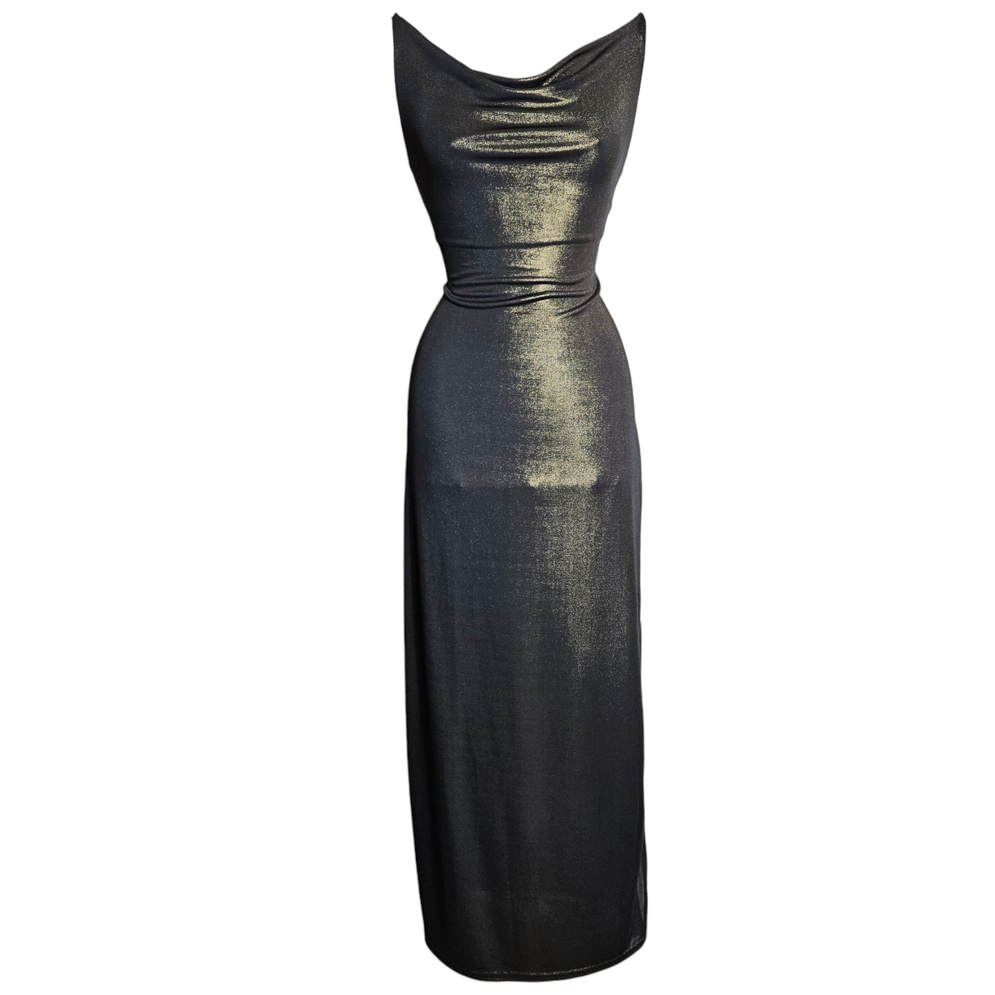 Maxi dress with a cowl neck and gold highlights