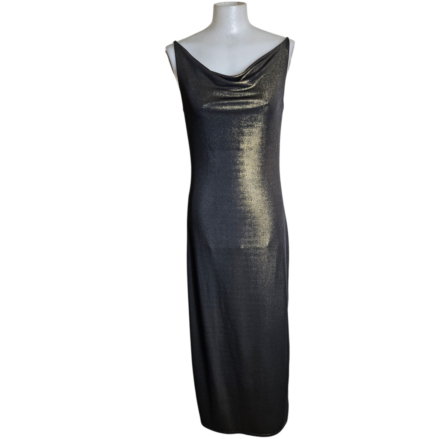 Maxi dress with a cowl neck and gold highlights
