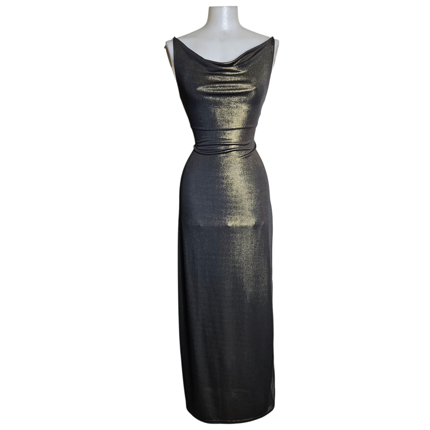 Maxi dress with a cowl neck and gold highlights