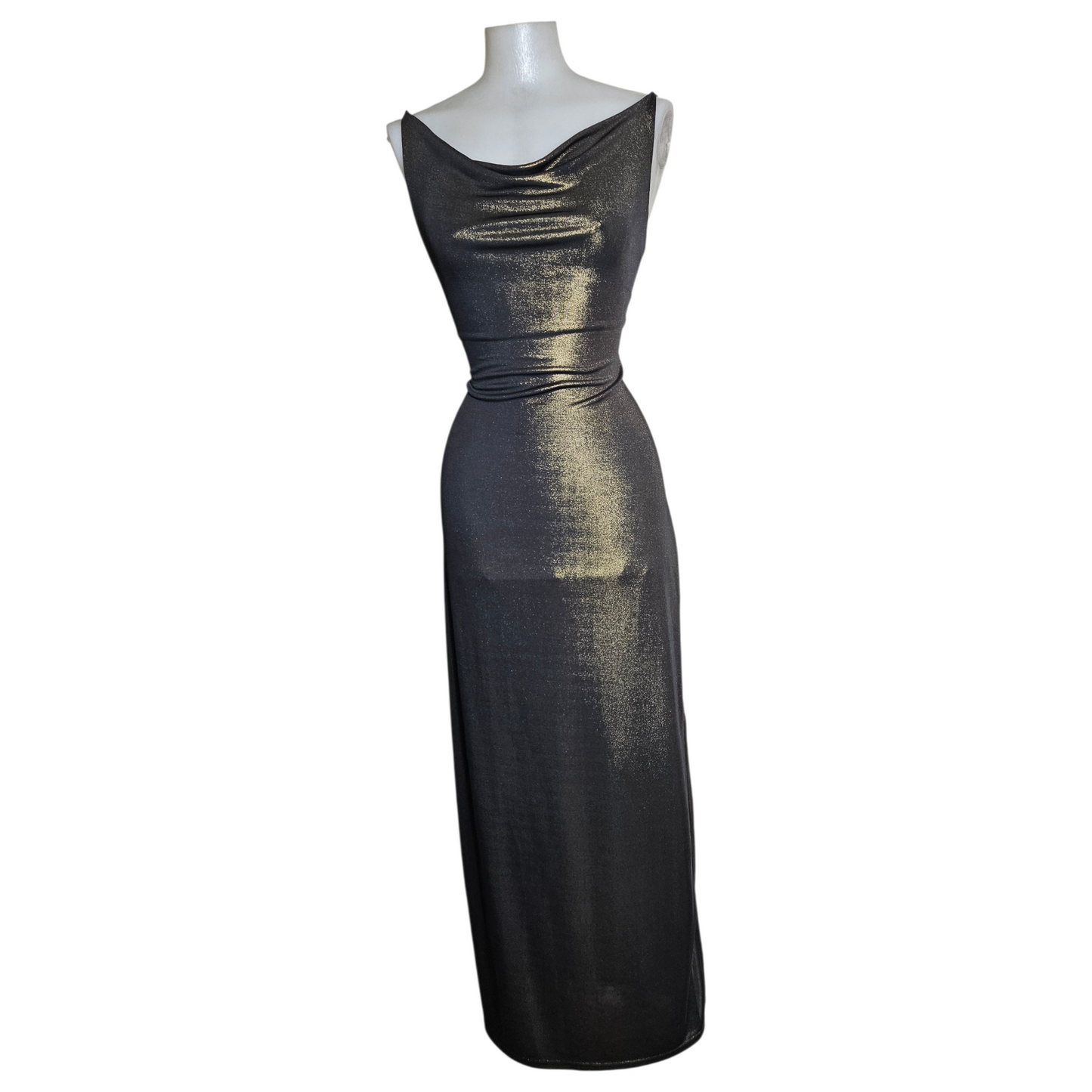 Maxi dress with a cowl neck and gold highlights