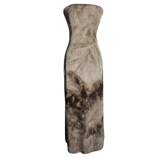Brown tie-dye strapless dress with gold rhinestones
