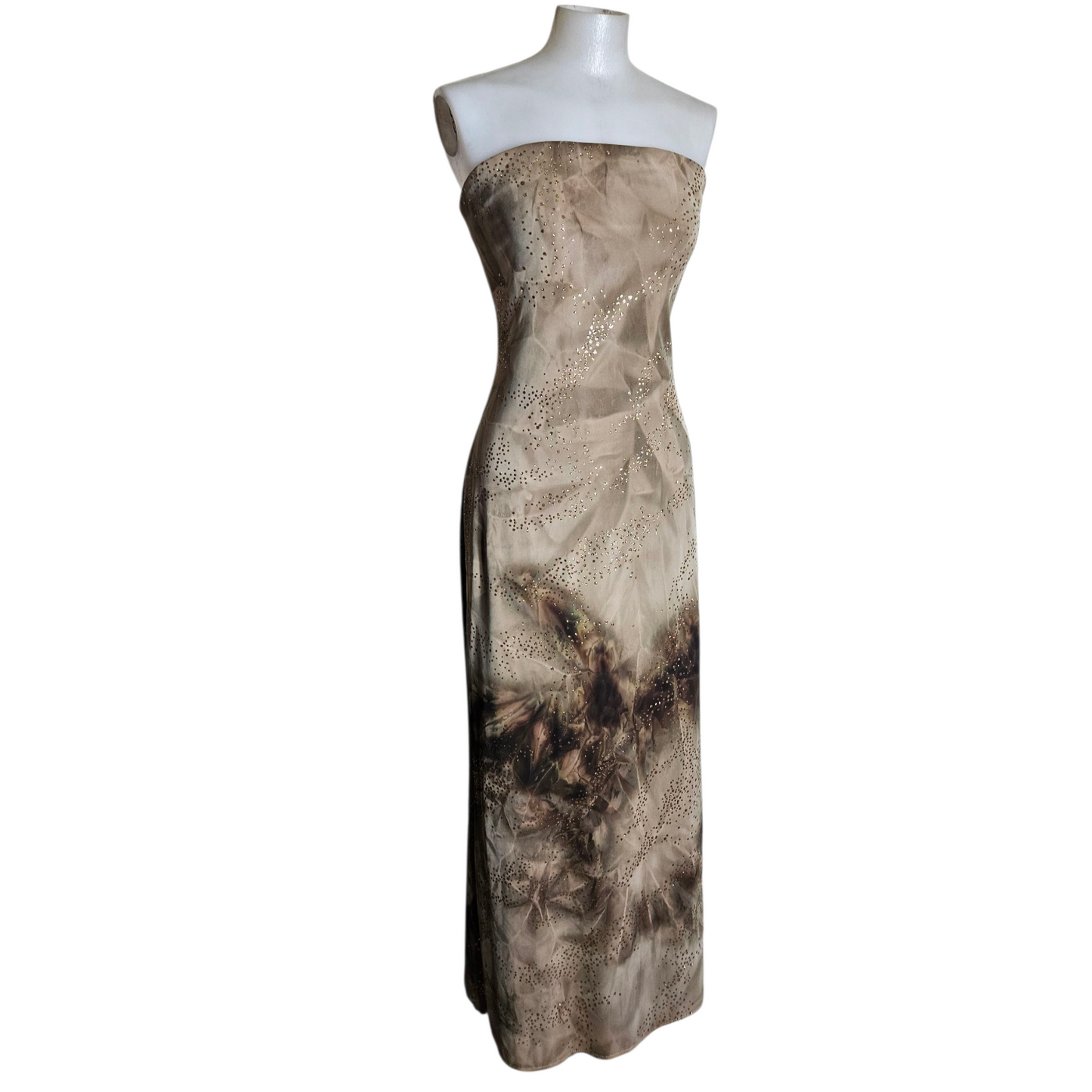 Brown tie-dye strapless dress with gold rhinestones