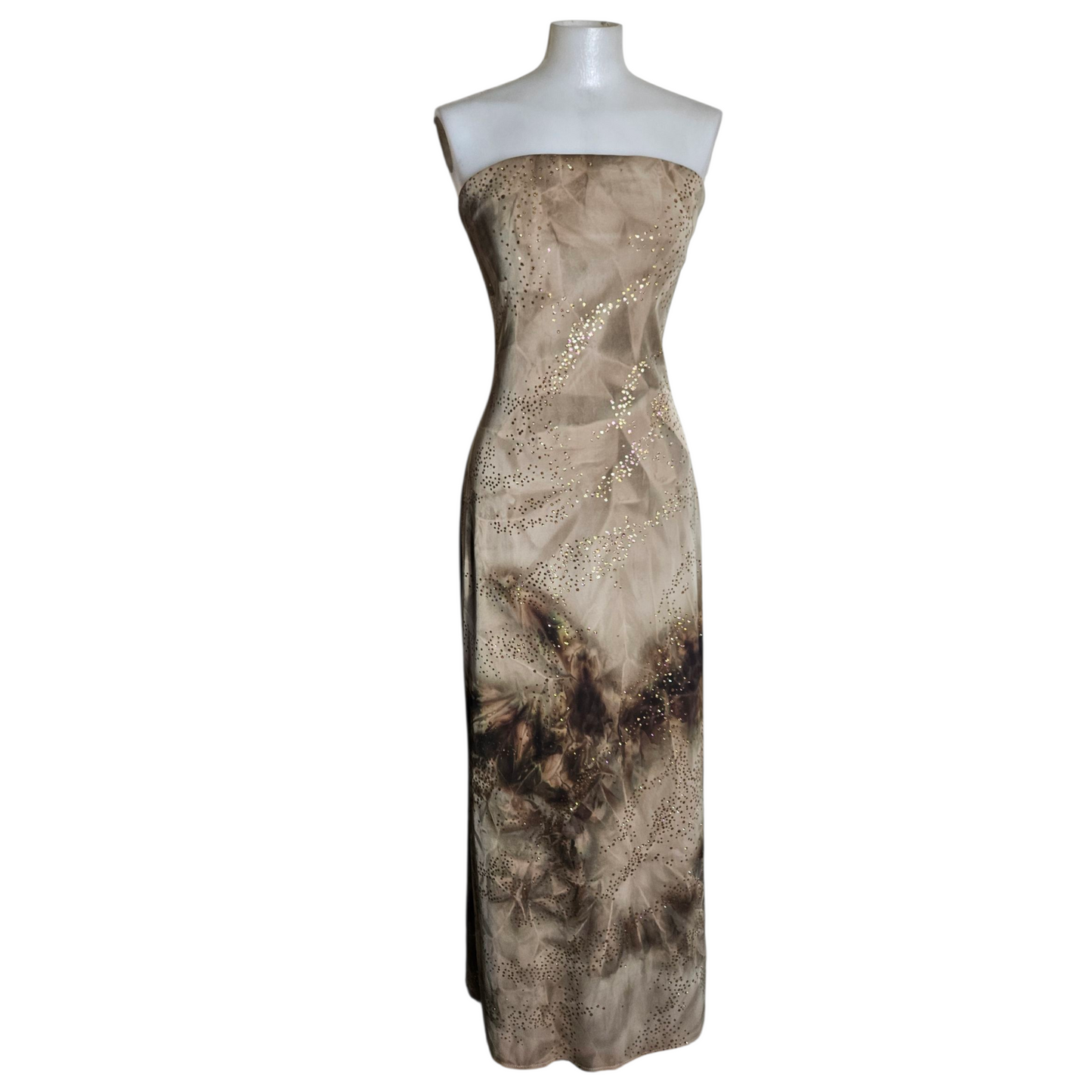 Brown tie-dye strapless dress with gold rhinestones