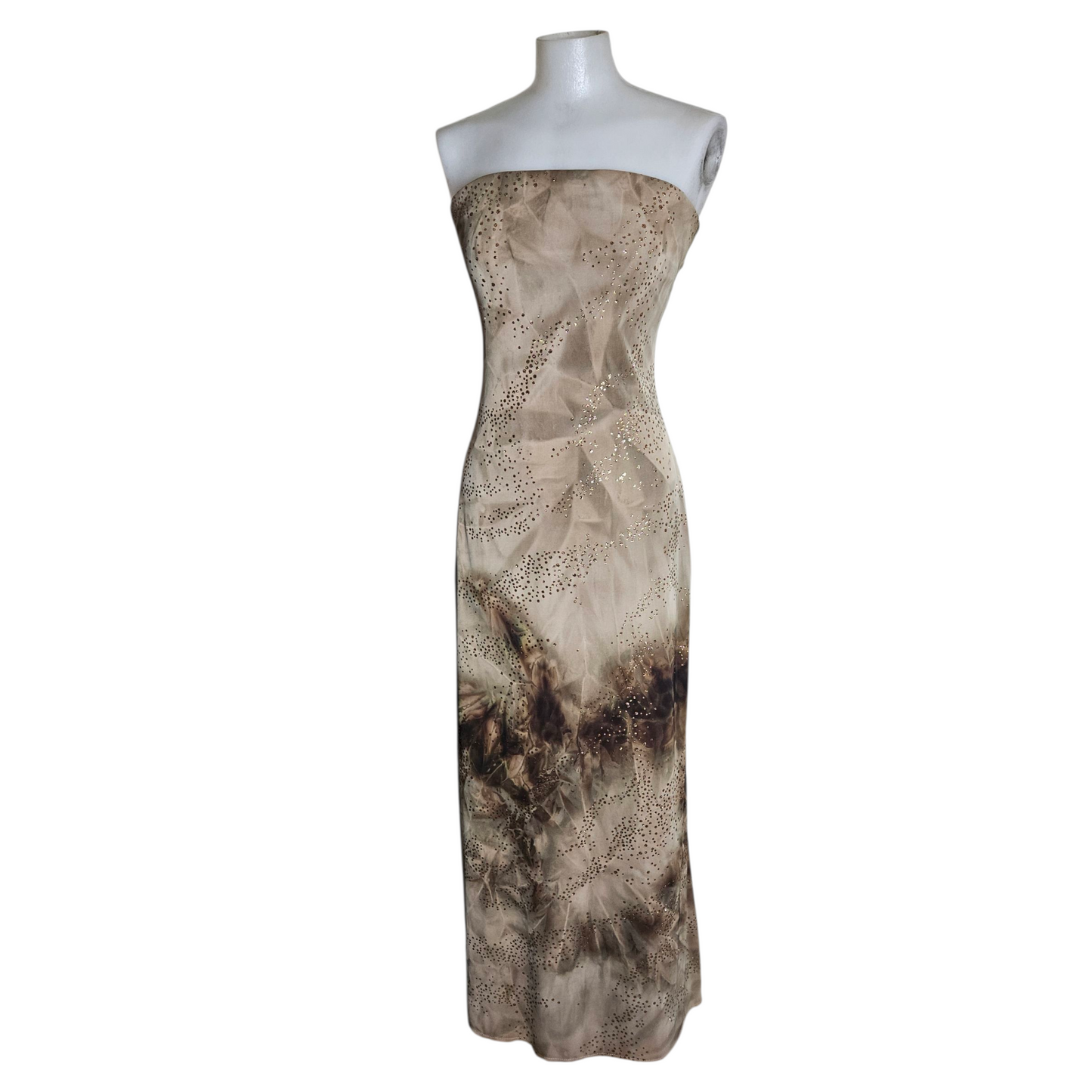 Brown tie-dye strapless dress with gold rhinestones