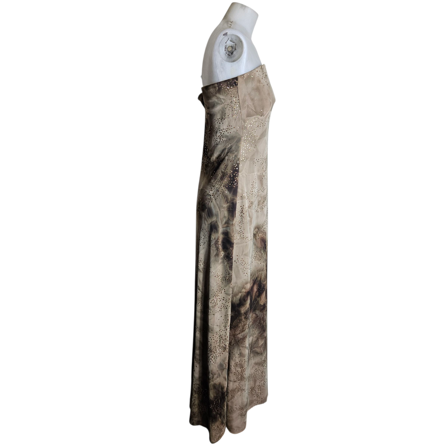 Brown tie-dye strapless dress with gold rhinestones
