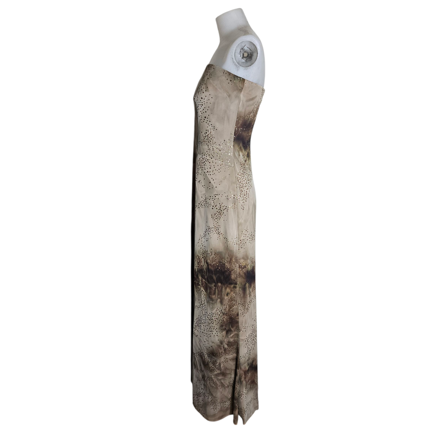 Brown tie-dye strapless dress with gold rhinestones