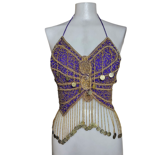 Haut dos nu papillon violet et doré