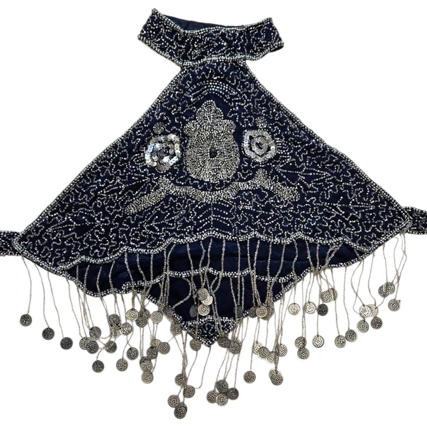 Dos nu bleu brodé de perles et sequins argentés