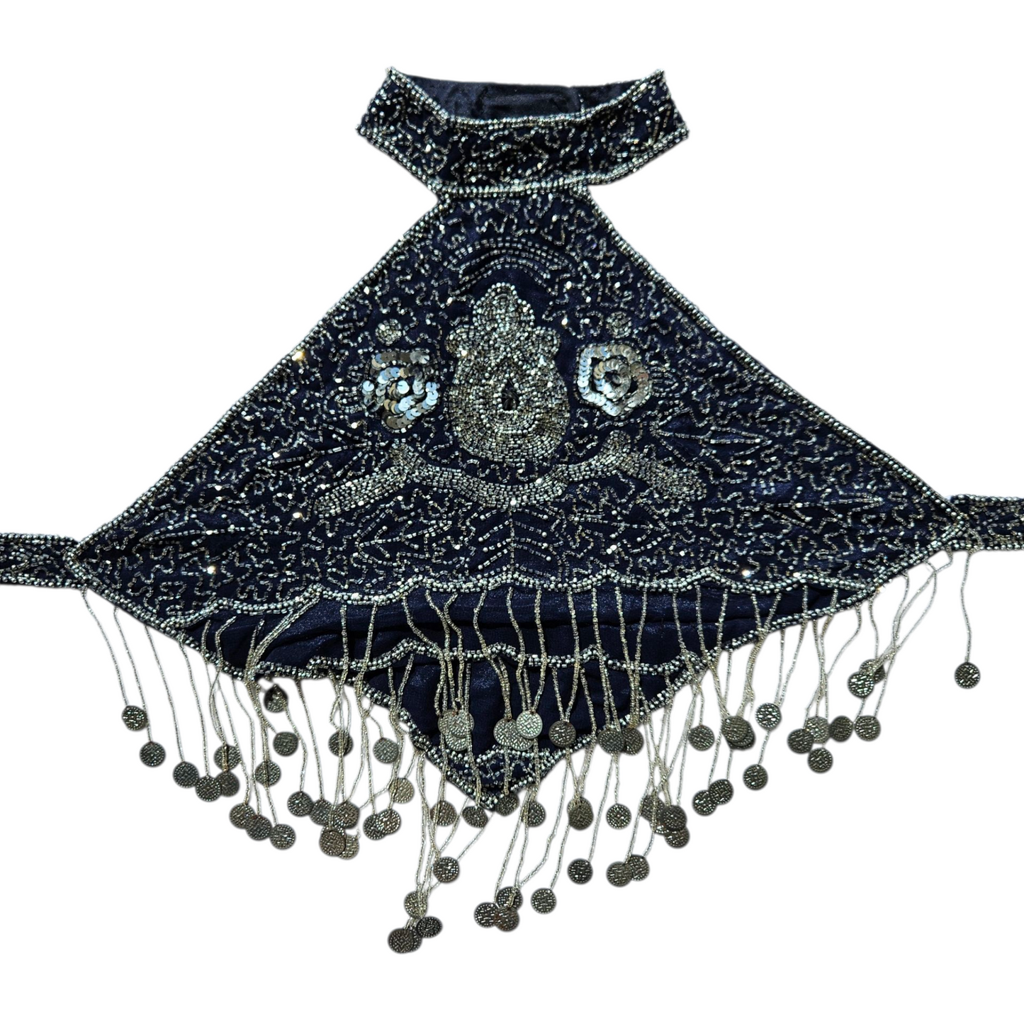 Dos nu bleu brodé de perles et sequins argentés