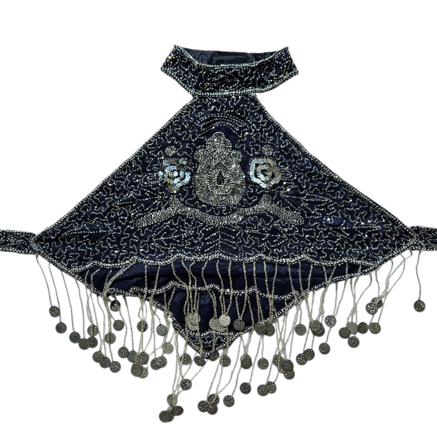 Dos nu bleu brodé de perles et sequins argentés
