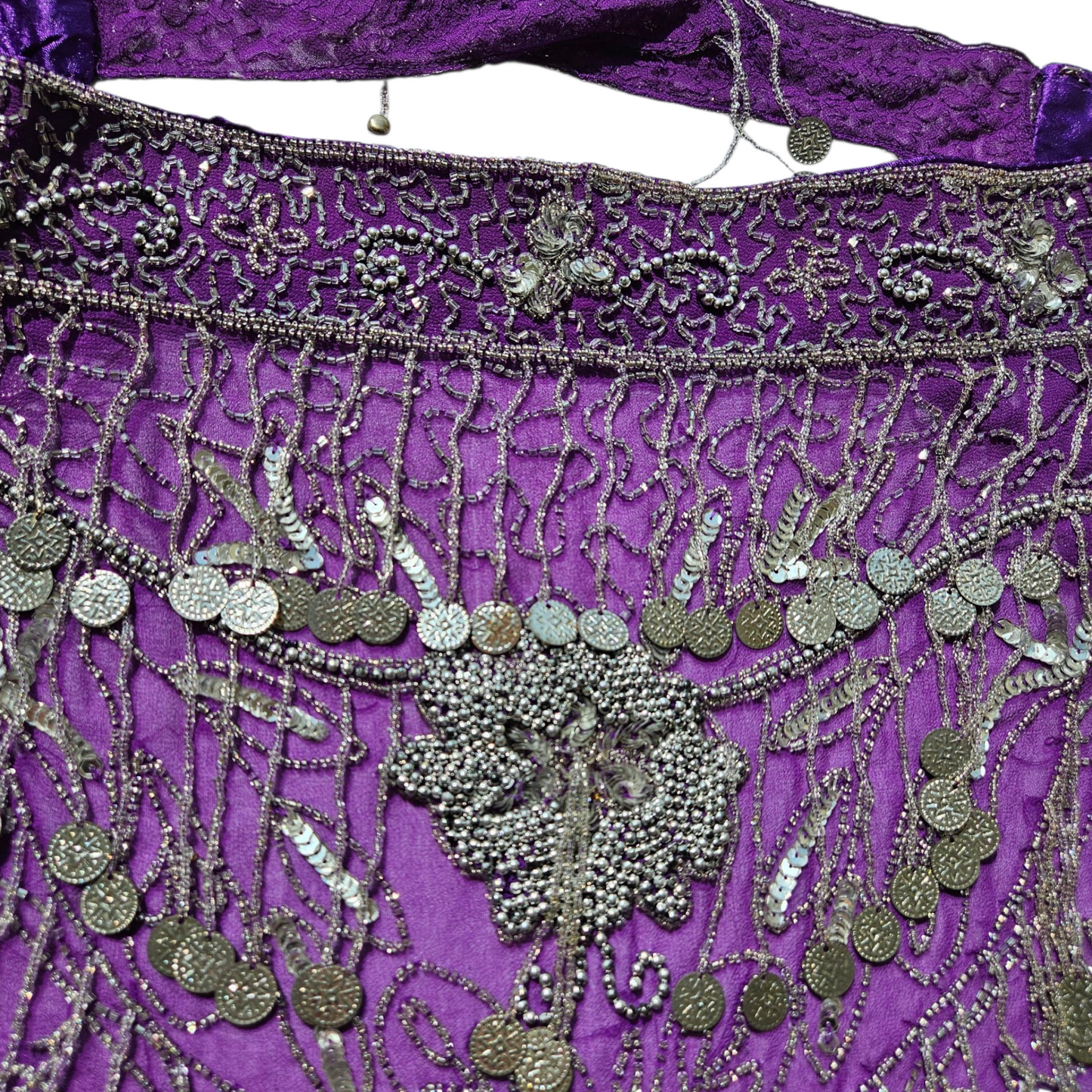Purple voile belt embroidered with silver sequins