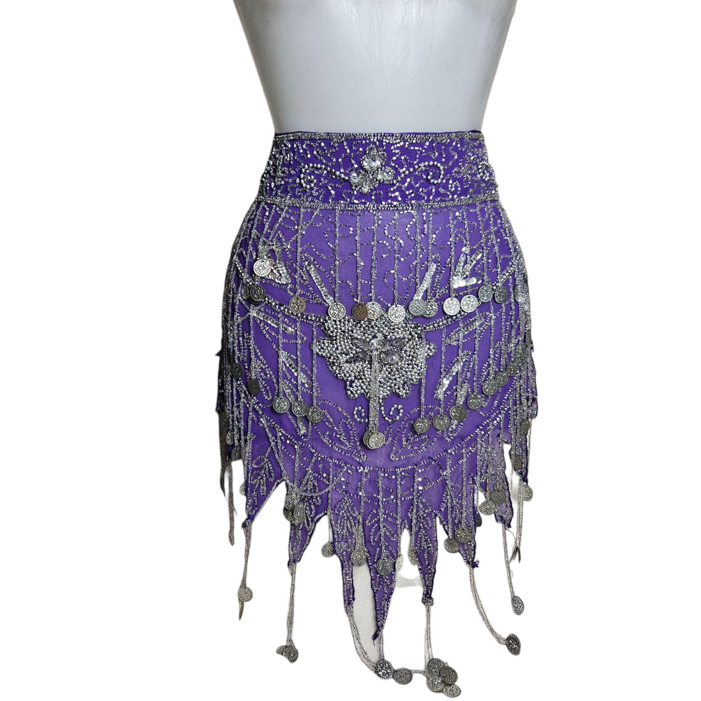 Purple voile belt embroidered with silver sequins