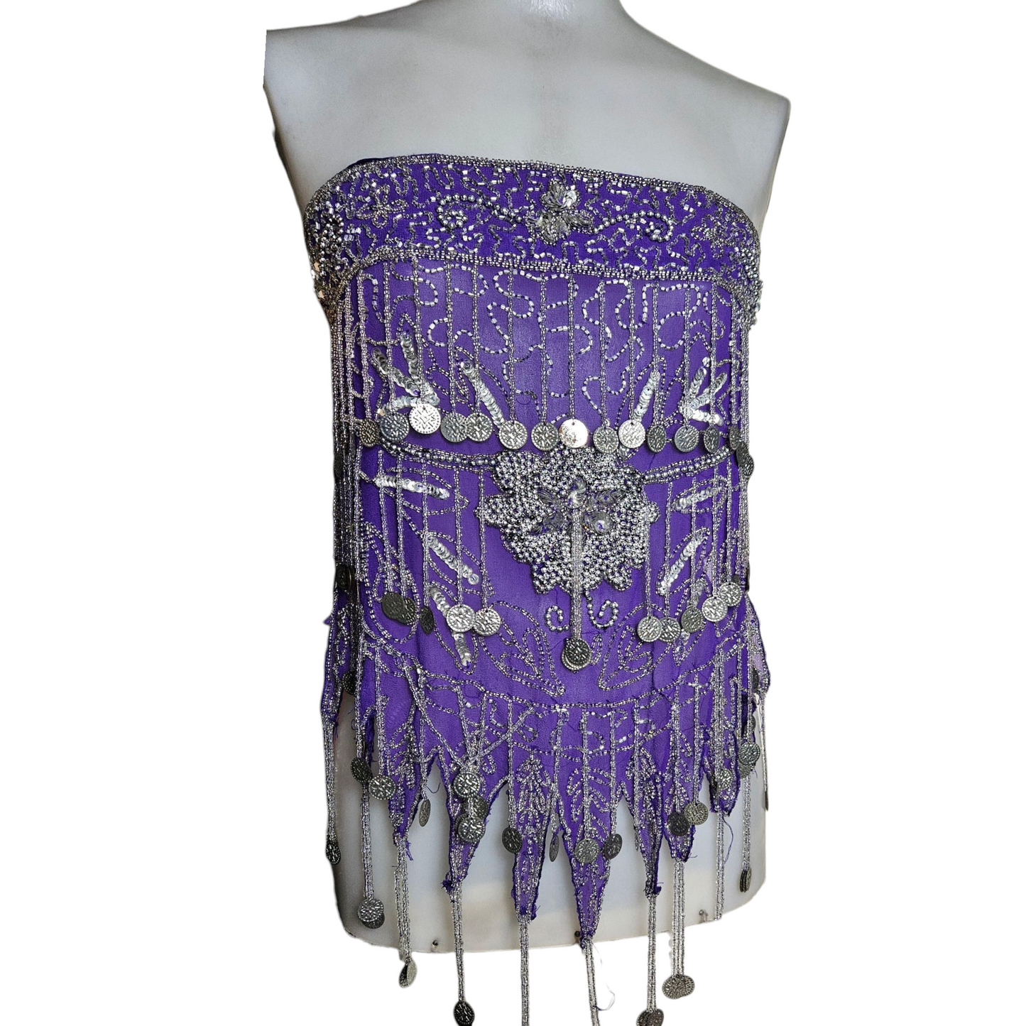 Purple voile belt embroidered with silver sequins