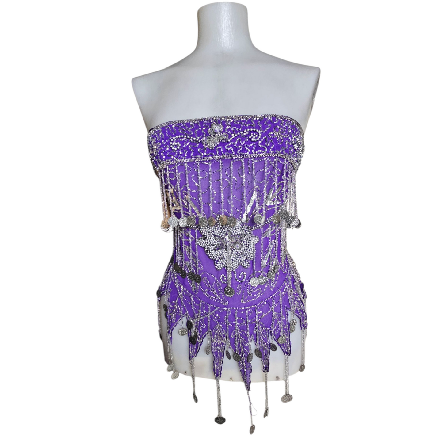 Purple voile belt embroidered with silver sequins