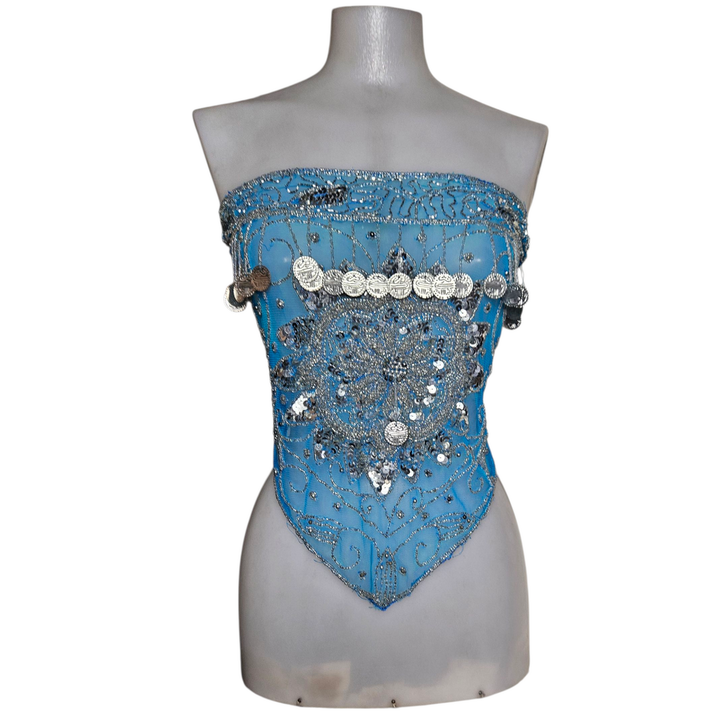 Belt in veil embroidered with blue and silver sequins