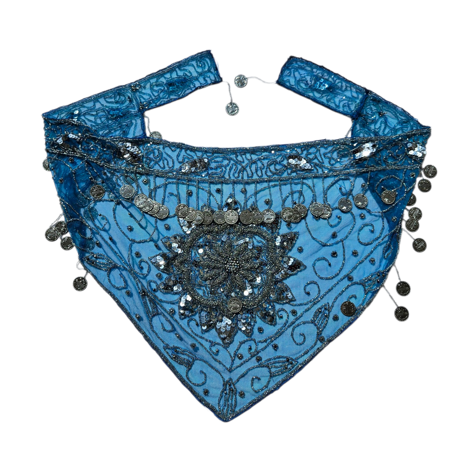 Belt in veil embroidered with blue and silver sequins
