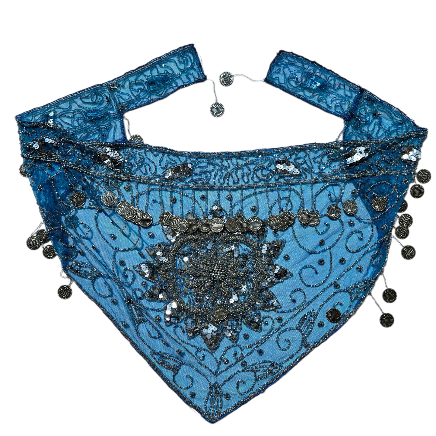Belt in veil embroidered with blue and silver sequins