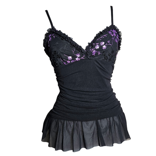 Voile top decorated with purple sequins