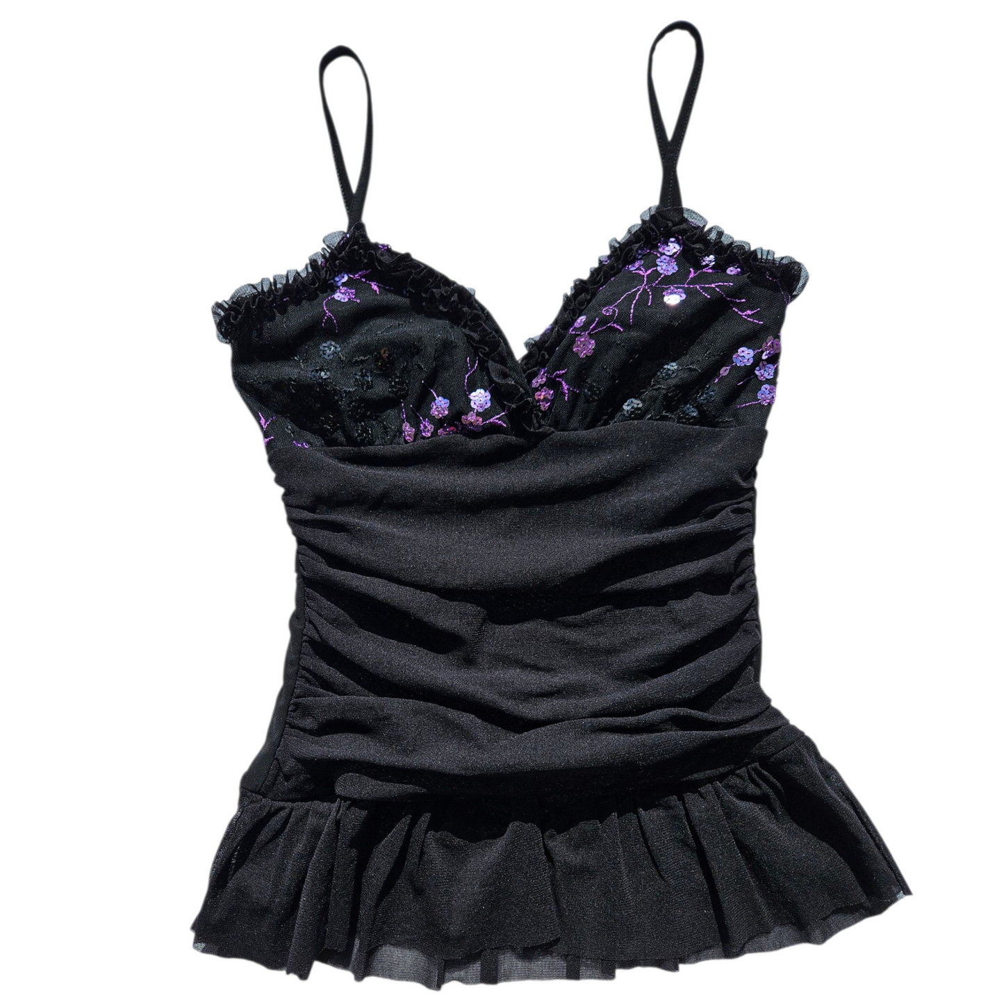 Voile top decorated with purple sequins