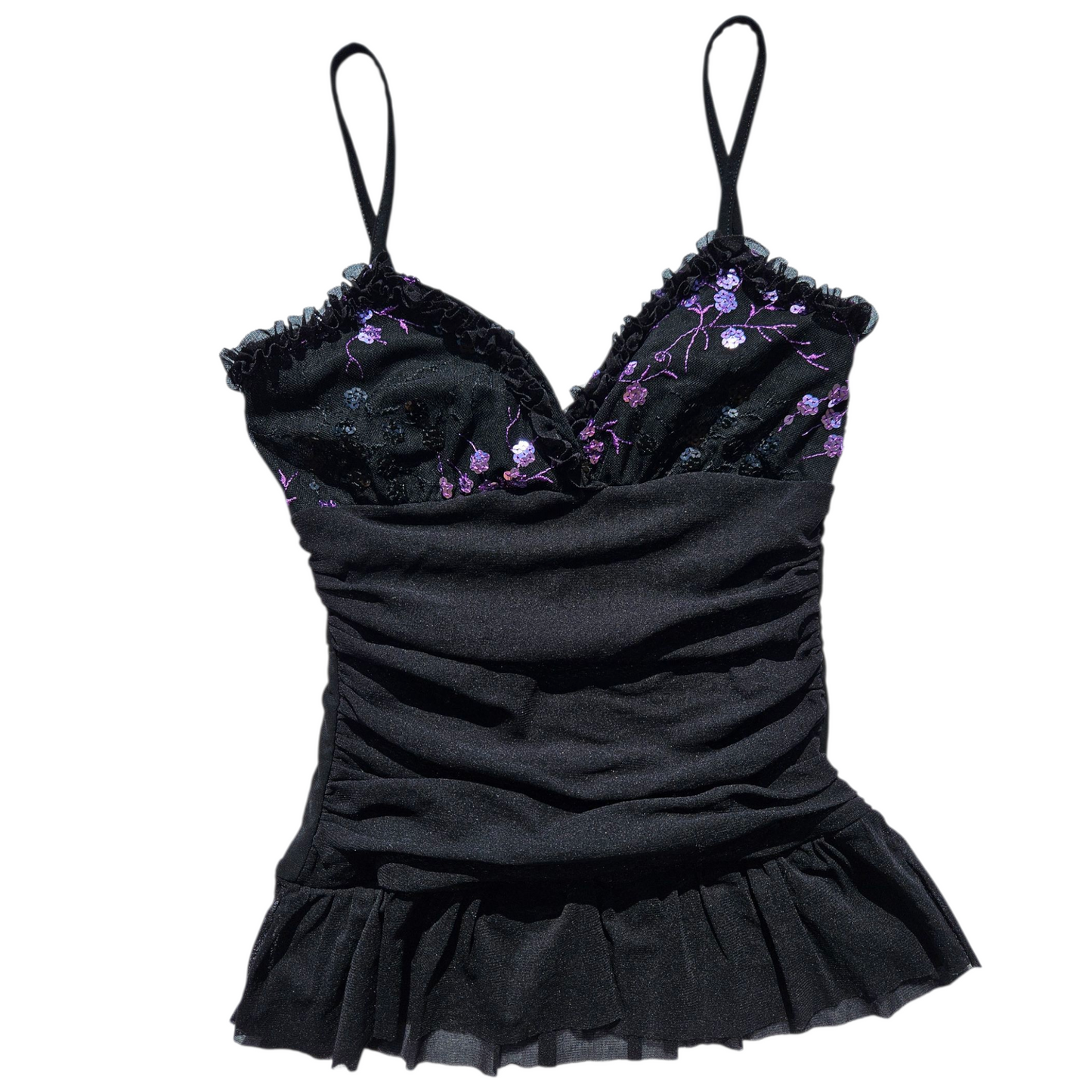 Voile top decorated with purple sequins