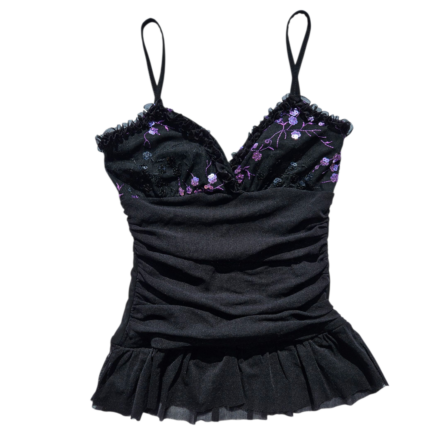 Voile top decorated with purple sequins