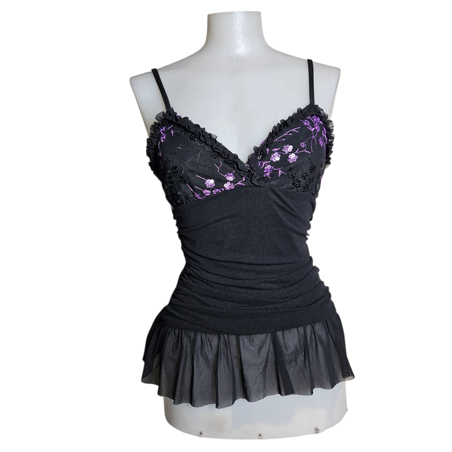 Voile top decorated with purple sequins