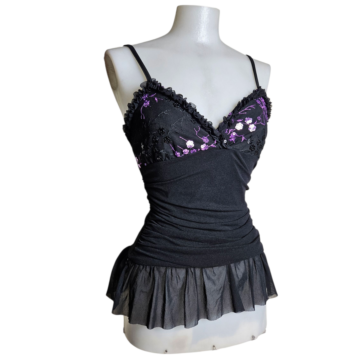 Voile top decorated with purple sequins