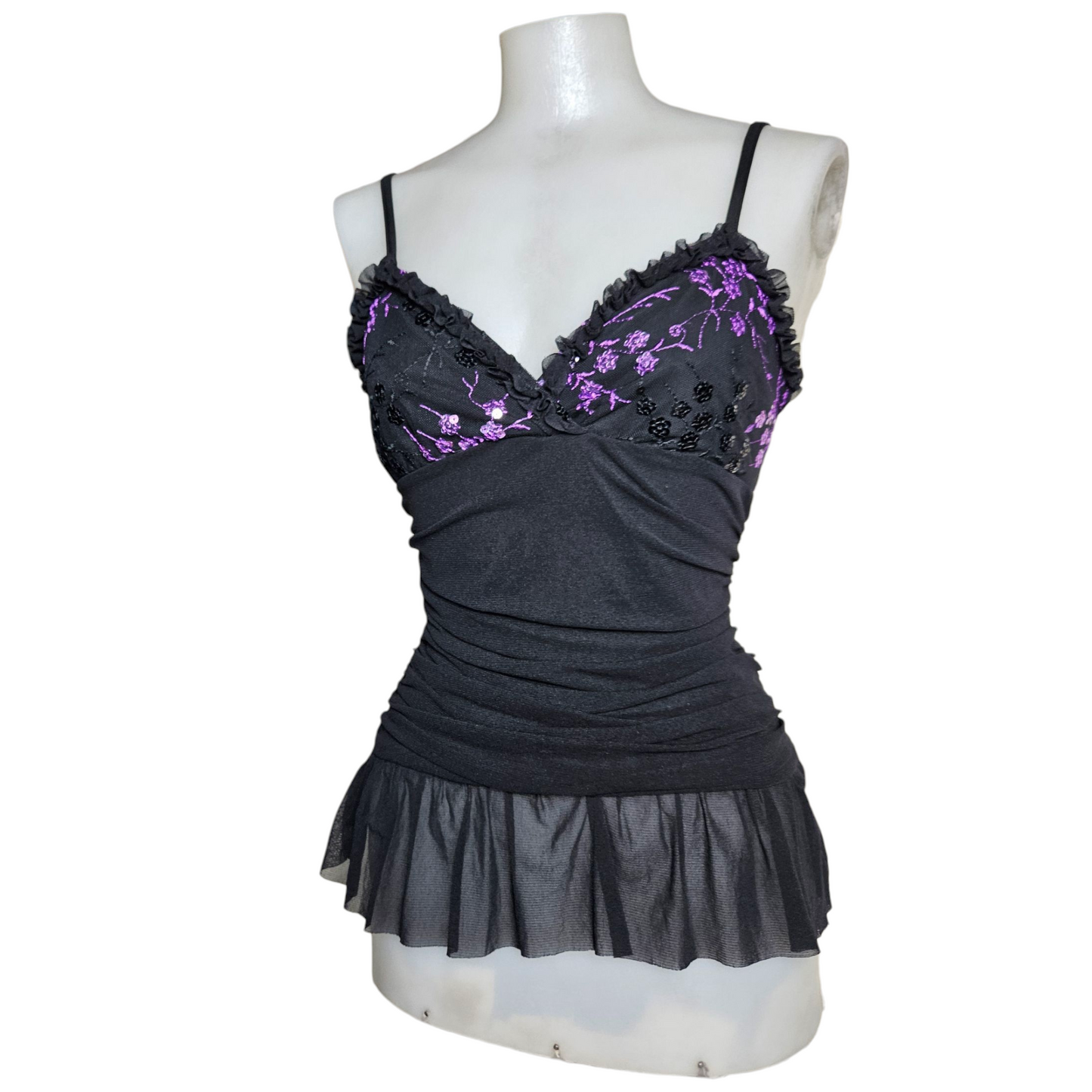 Voile top decorated with purple sequins