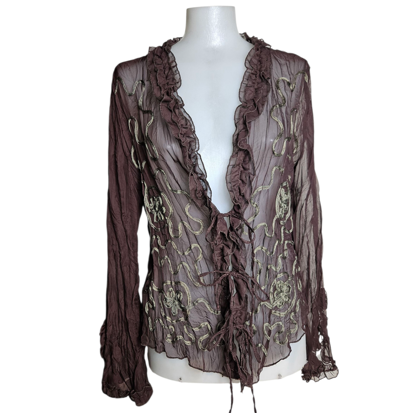 Embroidered brown voile blouse