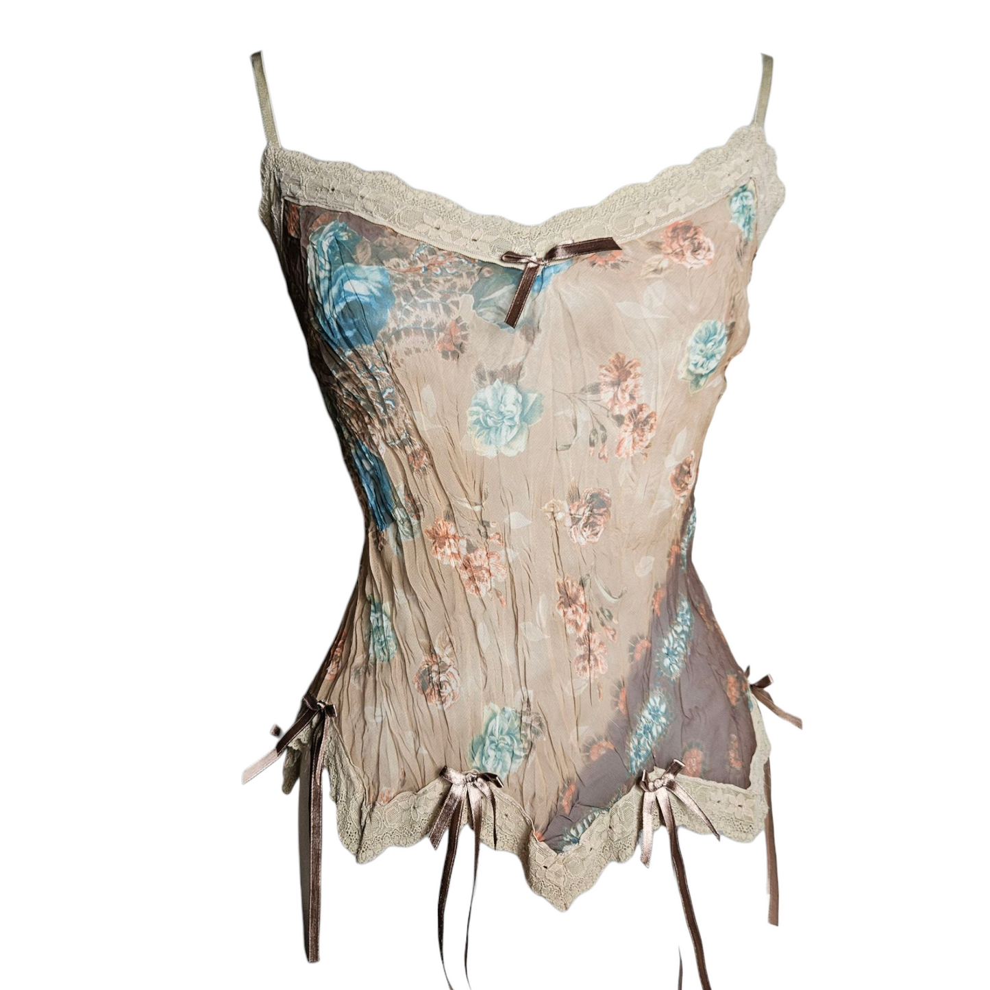 Asymmetrical voile top in beige and brown tones