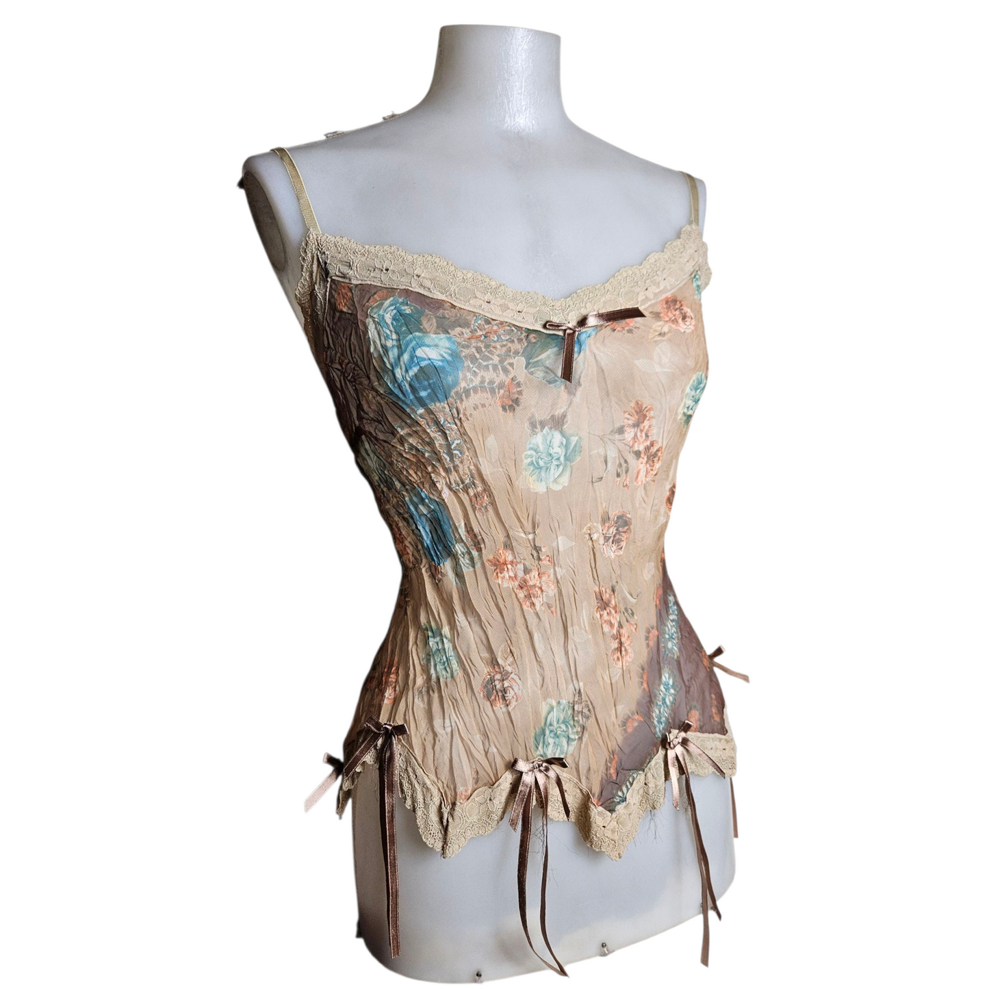 Asymmetrical voile top in beige and brown tones
