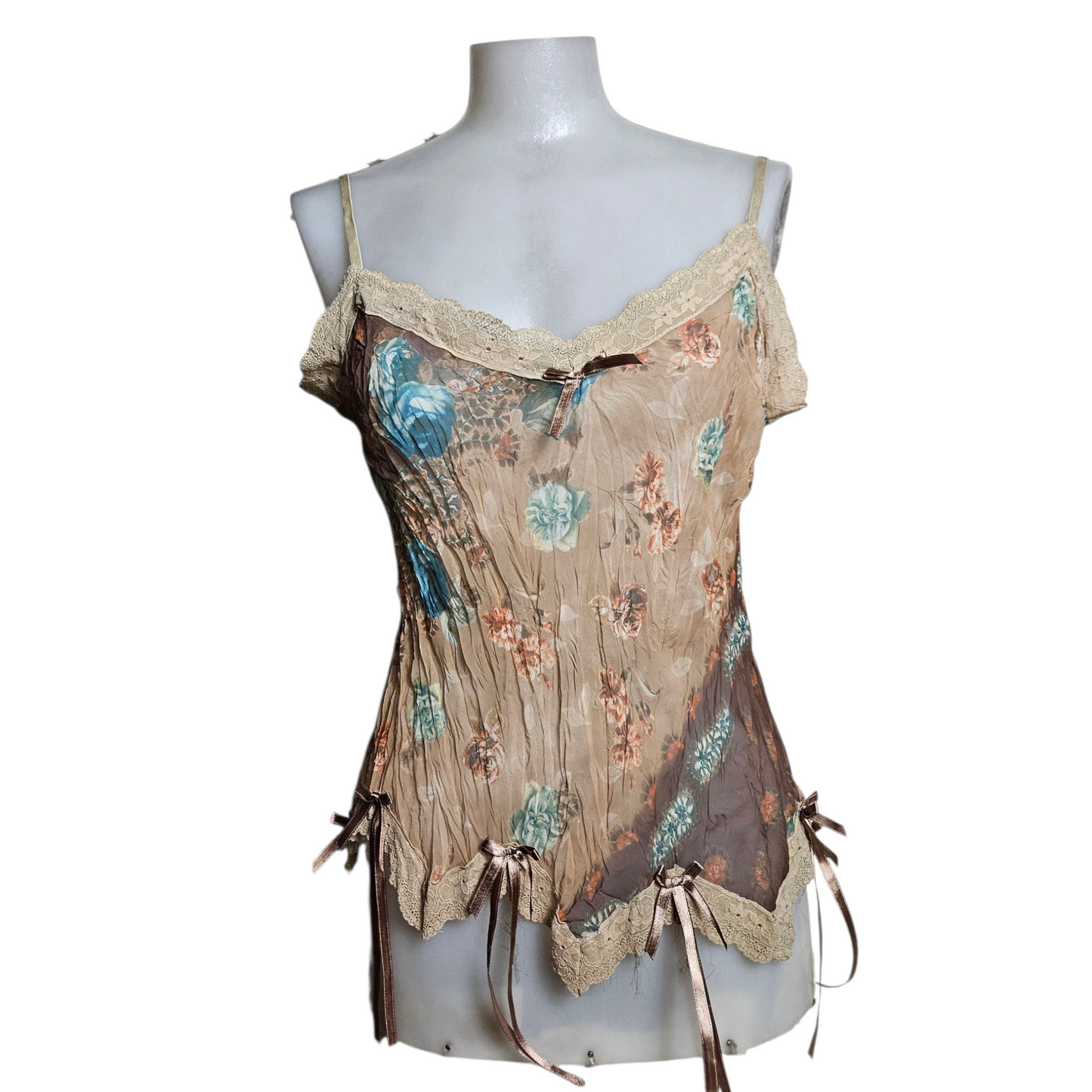 Asymmetrical voile top in beige and brown tones