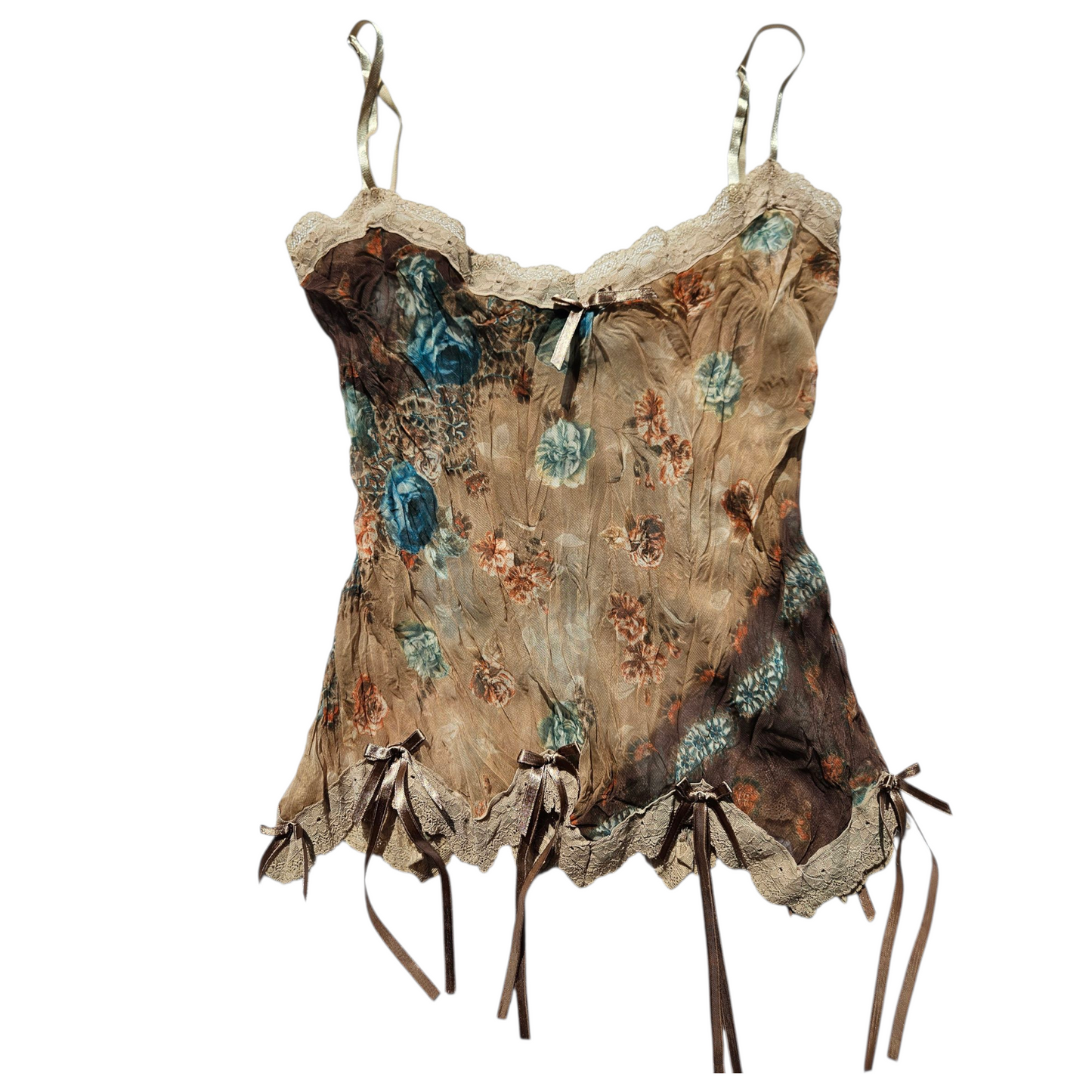 Asymmetrical voile top in beige and brown tones