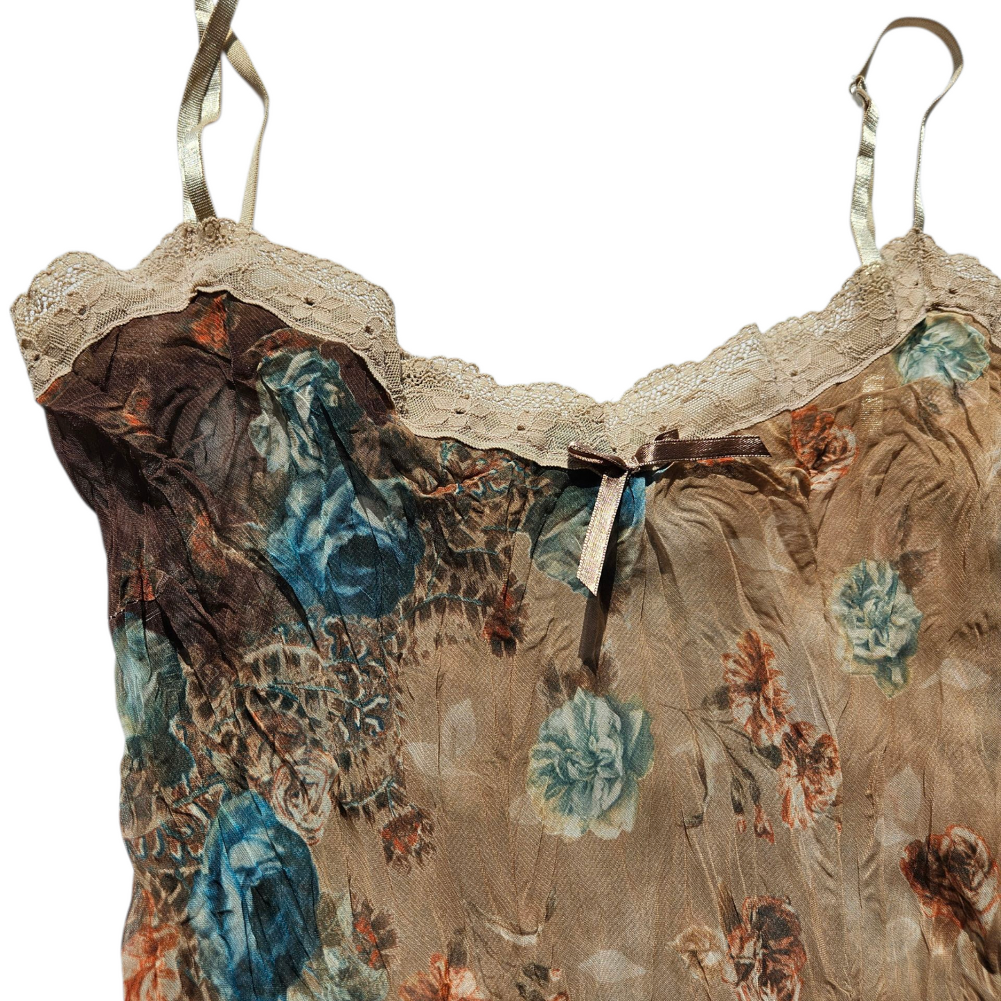 Asymmetrical voile top in beige and brown tones