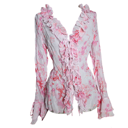 Floral pattern ruffled voile shirt