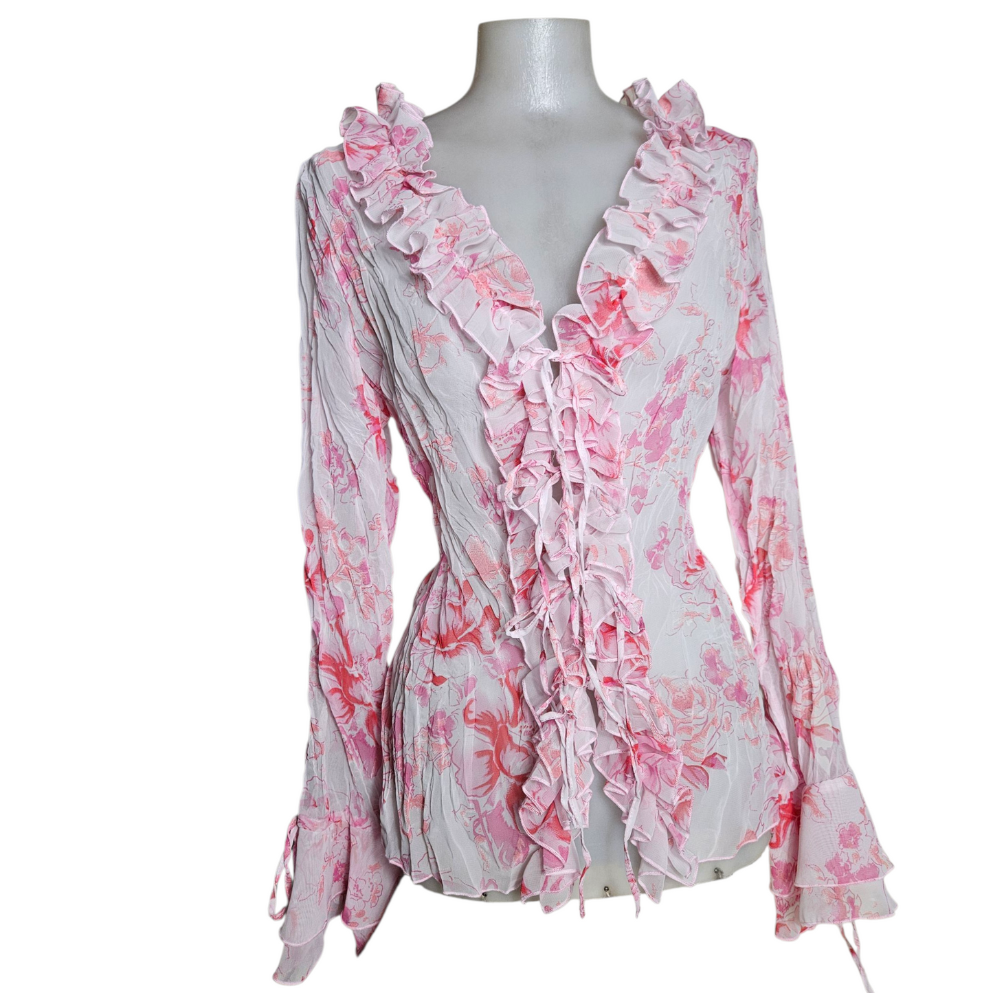 Floral pattern ruffled voile shirt