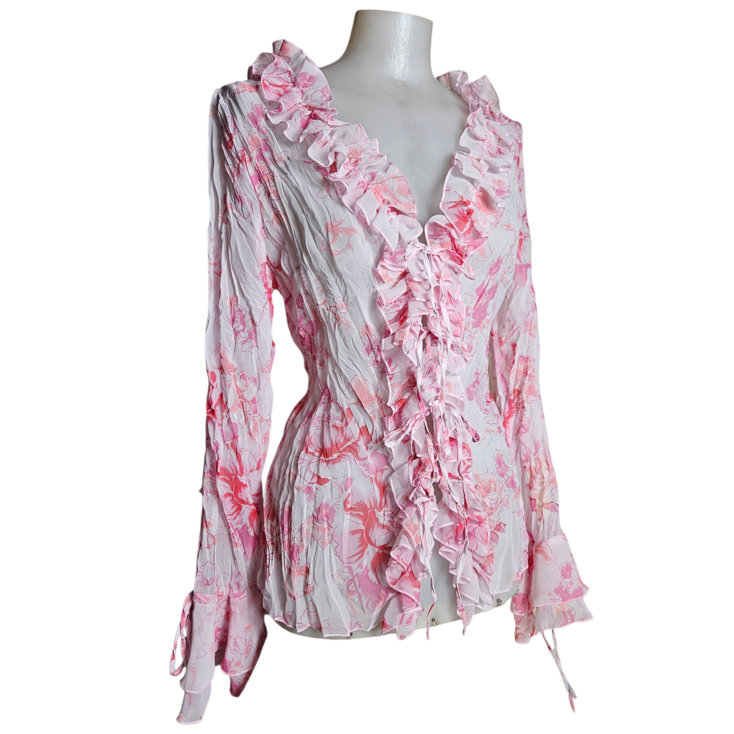 Floral pattern ruffled voile shirt