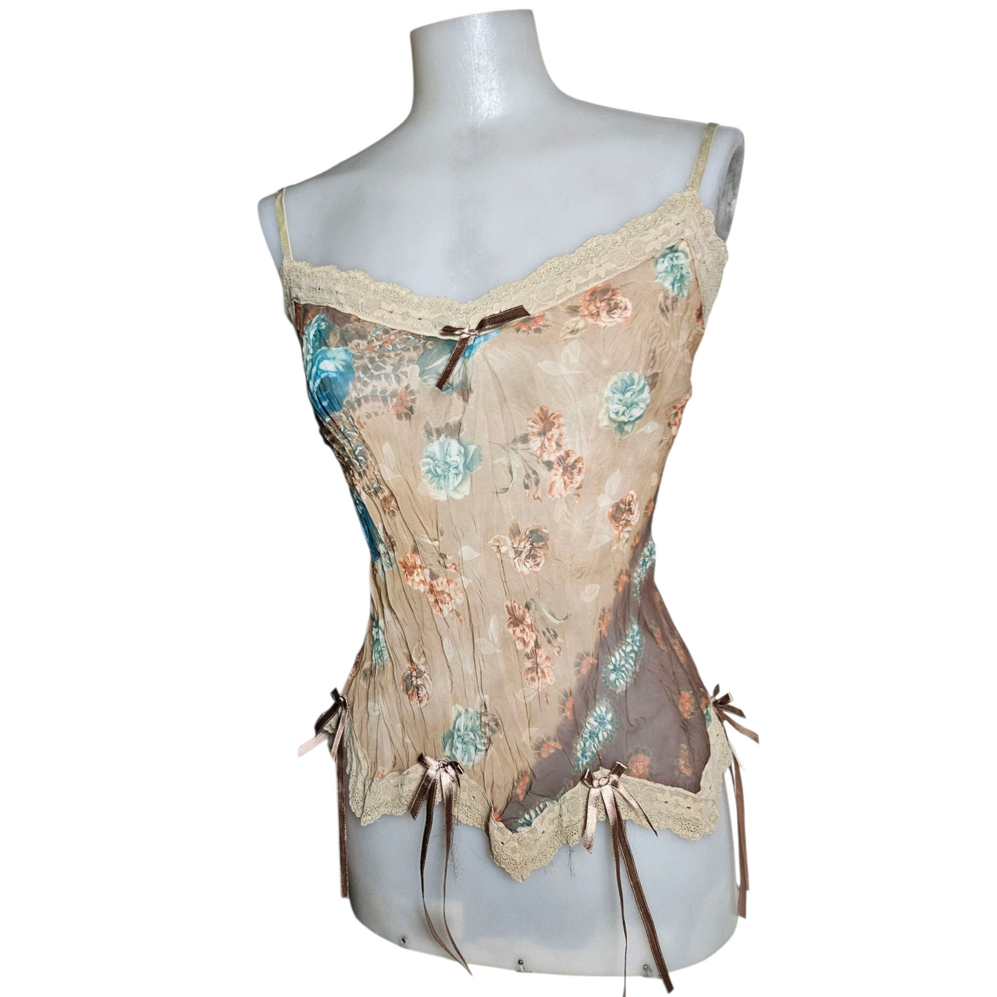 Asymmetrical voile top in beige and brown tones