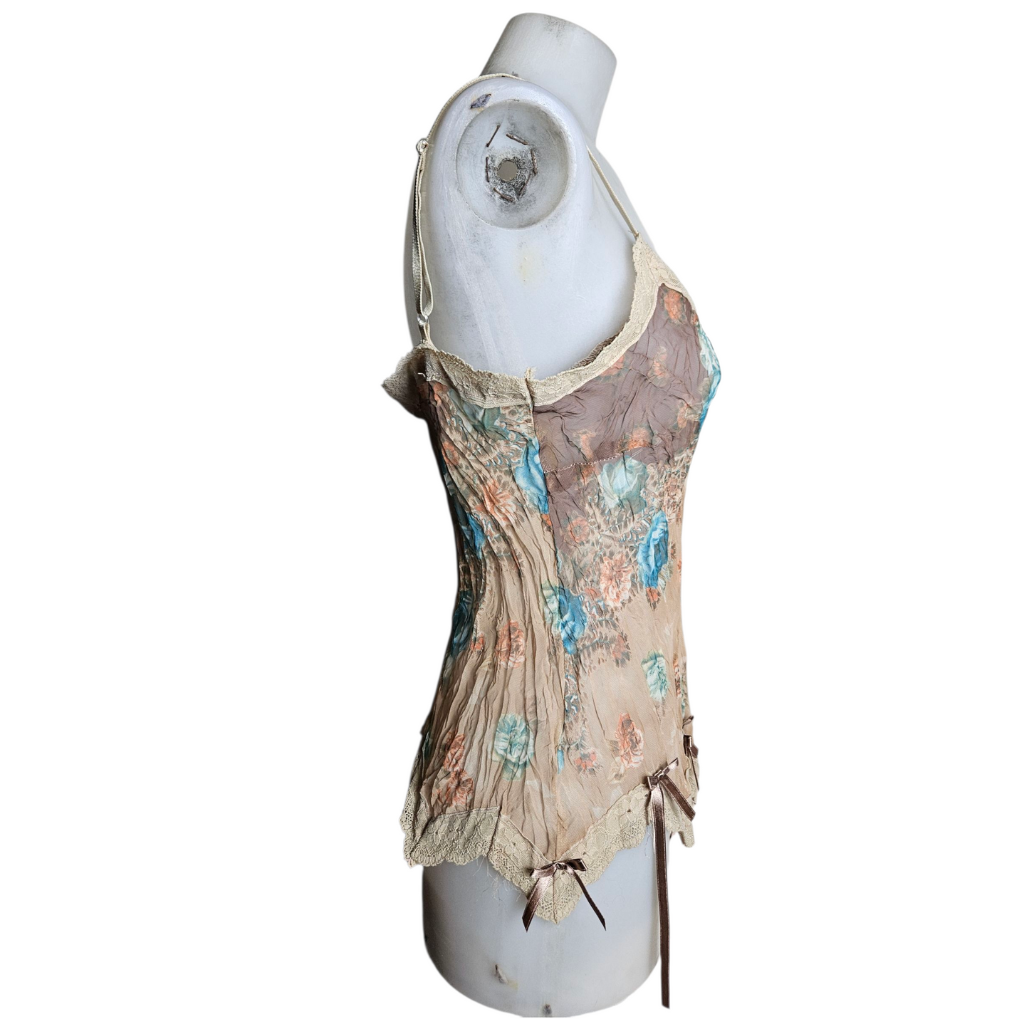 Asymmetrical voile top in beige and brown tones
